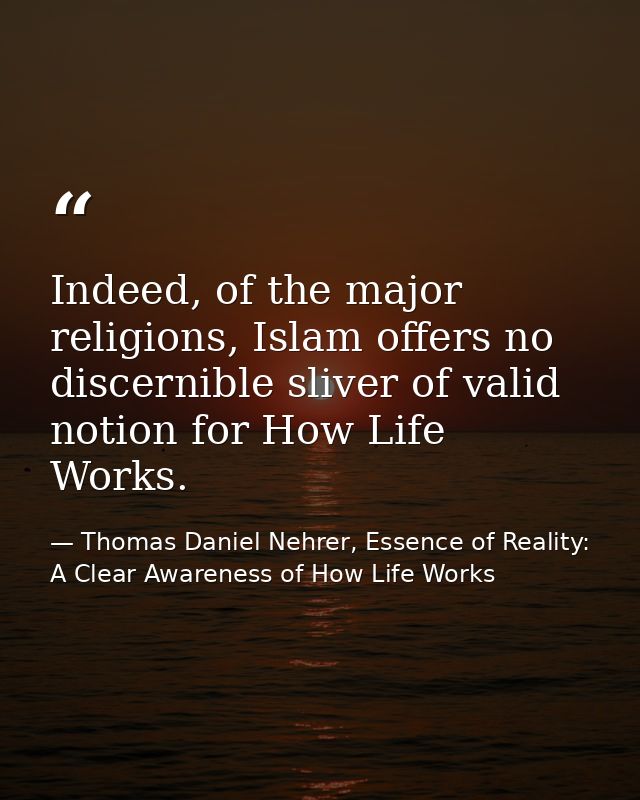 Indeed, of the major religions, Islam offers no discernible sliver of valid notion for How Life Works. — Thomas Daniel Nehrer, Essence of Reality: A Clear Awareness of How Life Works