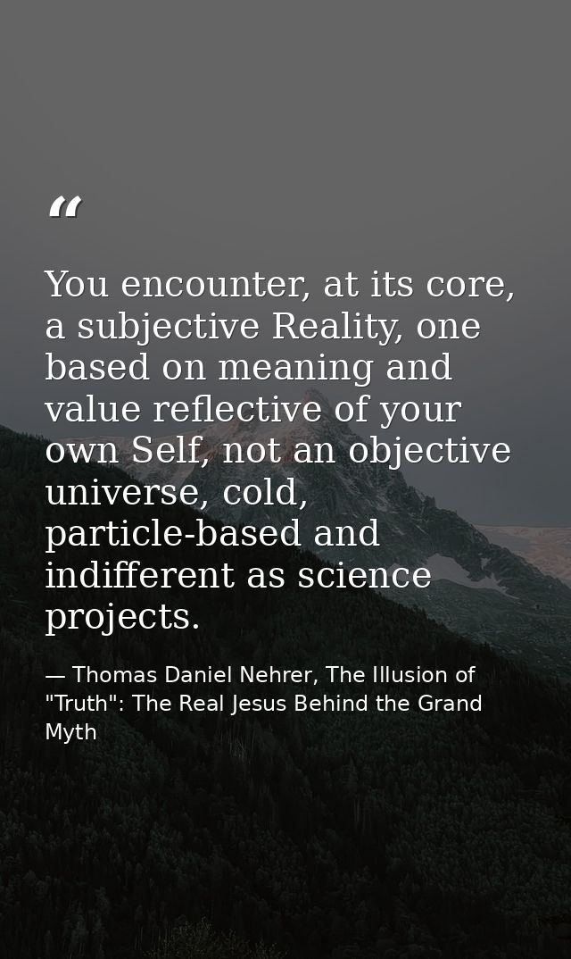 You encounter, at its core, a subjective Reality, one based on meaning and value reflective of your own Self, not an obj — Thomas Daniel Nehrer, The Illusion of "Truth": The Real Jesus Behind the Grand Myth