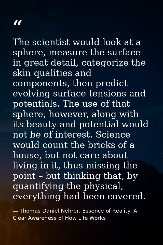 The scientist would look at a sphere, measure the surface in great detail, categorize the skin qualities and components, — Thomas Daniel Nehrer, Essence of Reality: A Clear Awareness of How Life Works