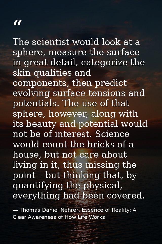 The scientist would look at a sphere, measure the surface in great detail, categorize the skin qualities and components, — Thomas Daniel Nehrer, Essence of Reality: A Clear Awareness of How Life Works