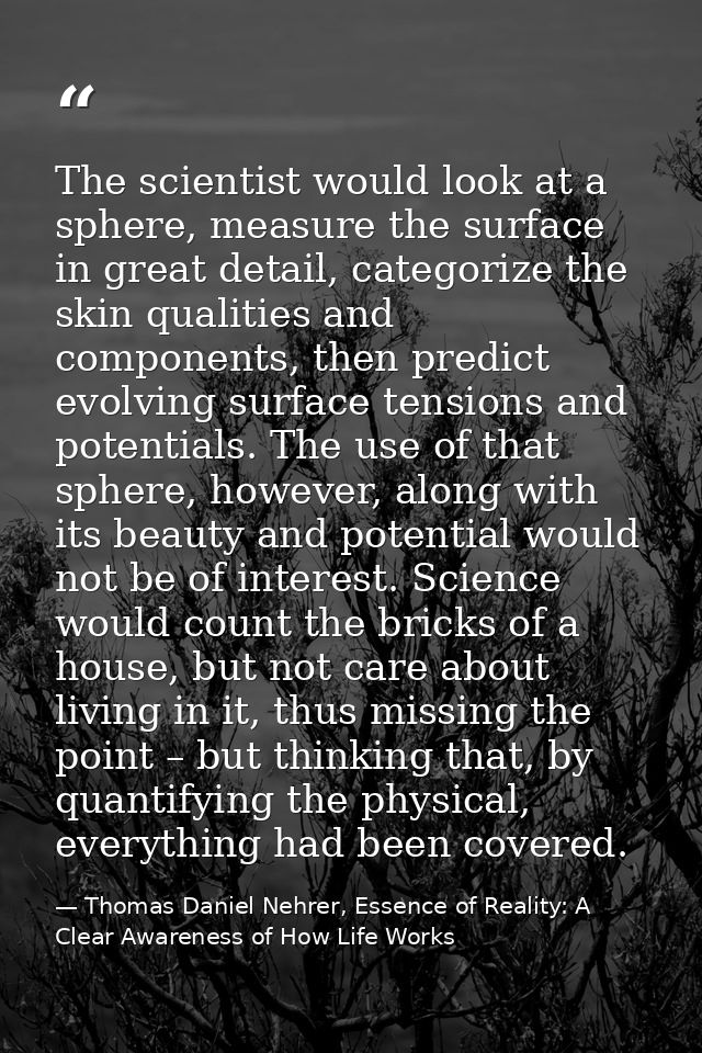 The scientist would look at a sphere, measure the surface in great detail, categorize the skin qualities and components, — Thomas Daniel Nehrer, Essence of Reality: A Clear Awareness of How Life Works
