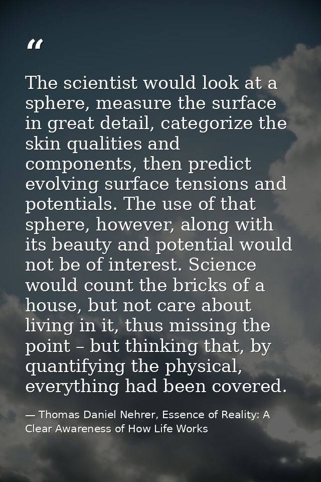 The scientist would look at a sphere, measure the surface in great detail, categorize the skin qualities and components, — Thomas Daniel Nehrer, Essence of Reality: A Clear Awareness of How Life Works