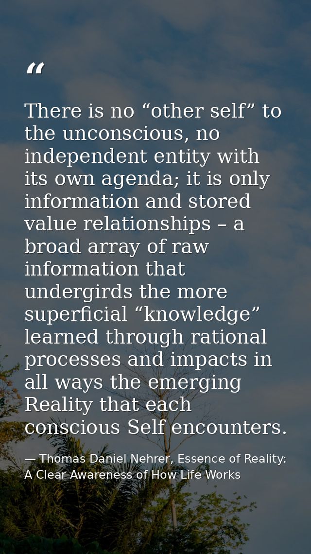 There is no “other self” to the unconscious, no independent entity with its own agenda; it is only information and store — Thomas Daniel Nehrer, Essence of Reality: A Clear Awareness of How Life Works
