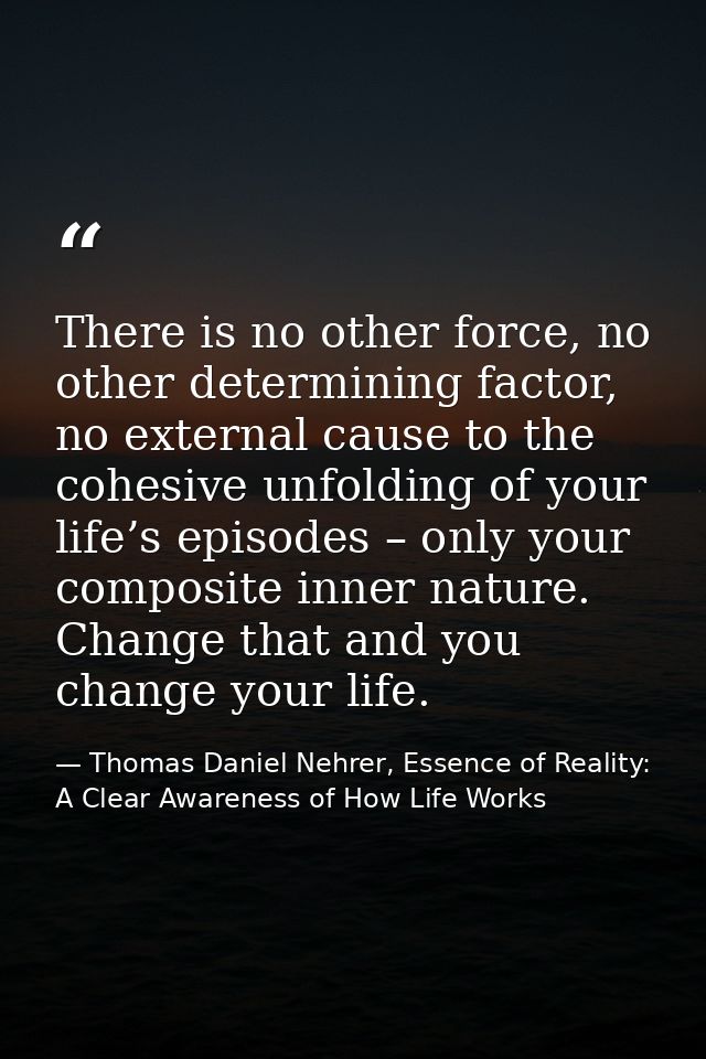 There is no other force, no other determining factor, no external cause to the cohesive unfolding of your life’s episode — Thomas Daniel Nehrer, Essence of Reality: A Clear Awareness of How Life Works