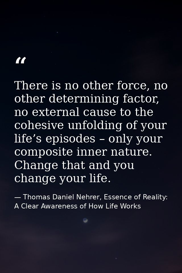 There is no other force, no other determining factor, no external cause to the cohesive unfolding of your life’s episode — Thomas Daniel Nehrer, Essence of Reality: A Clear Awareness of How Life Works