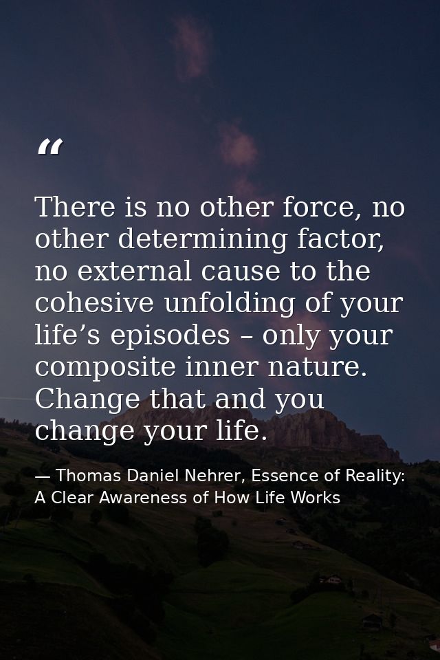 There is no other force, no other determining factor, no external cause to the cohesive unfolding of your life’s episode — Thomas Daniel Nehrer, Essence of Reality: A Clear Awareness of How Life Works