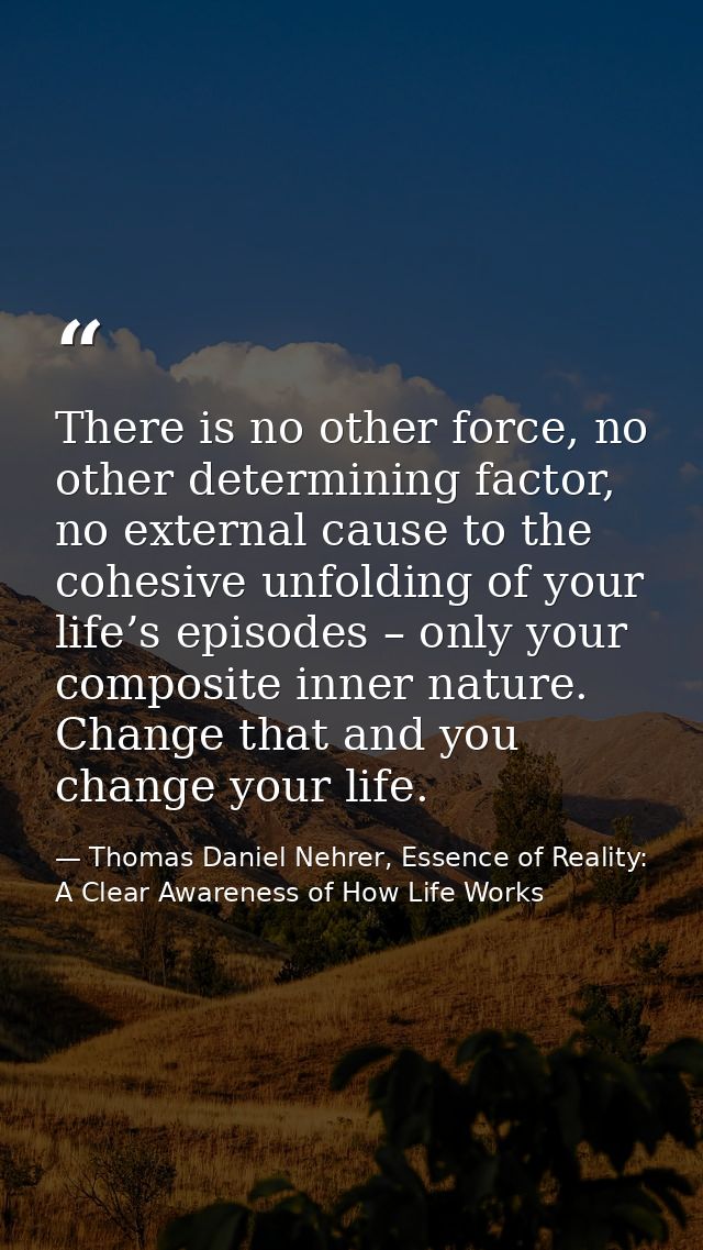 There is no other force, no other determining factor, no external cause to the cohesive unfolding of your life’s episode — Thomas Daniel Nehrer, Essence of Reality: A Clear Awareness of How Life Works