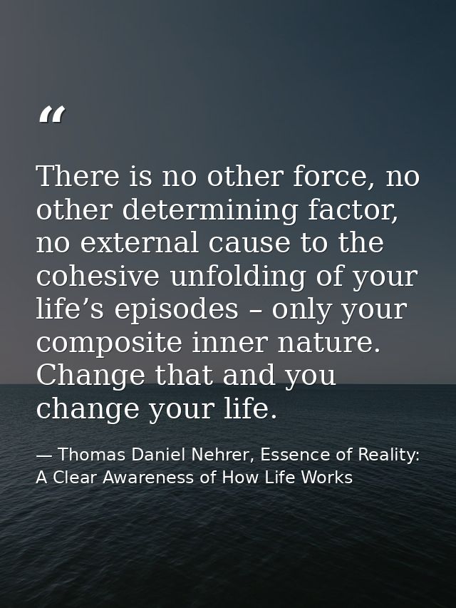 There is no other force, no other determining factor, no external cause to the cohesive unfolding of your life’s episode — Thomas Daniel Nehrer, Essence of Reality: A Clear Awareness of How Life Works