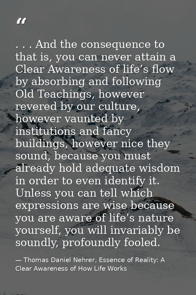 . . . And the consequence to that is, you can never attain a Clear Awareness of life’s flow by absorbing and following O — Thomas Daniel Nehrer, Essence of Reality: A Clear Awareness of How Life Works