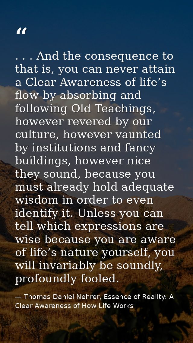 . . . And the consequence to that is, you can never attain a Clear Awareness of life’s flow by absorbing and following O — Thomas Daniel Nehrer, Essence of Reality: A Clear Awareness of How Life Works
