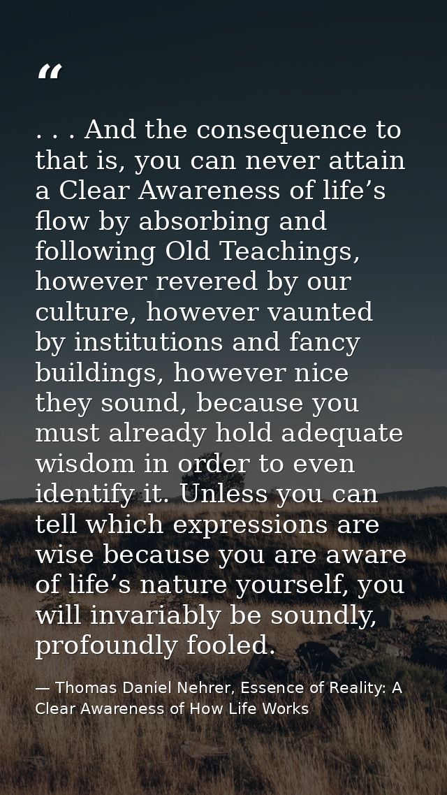 . . . And the consequence to that is, you can never attain a Clear Awareness of life’s flow by absorbing and following O — Thomas Daniel Nehrer, Essence of Reality: A Clear Awareness of How Life Works