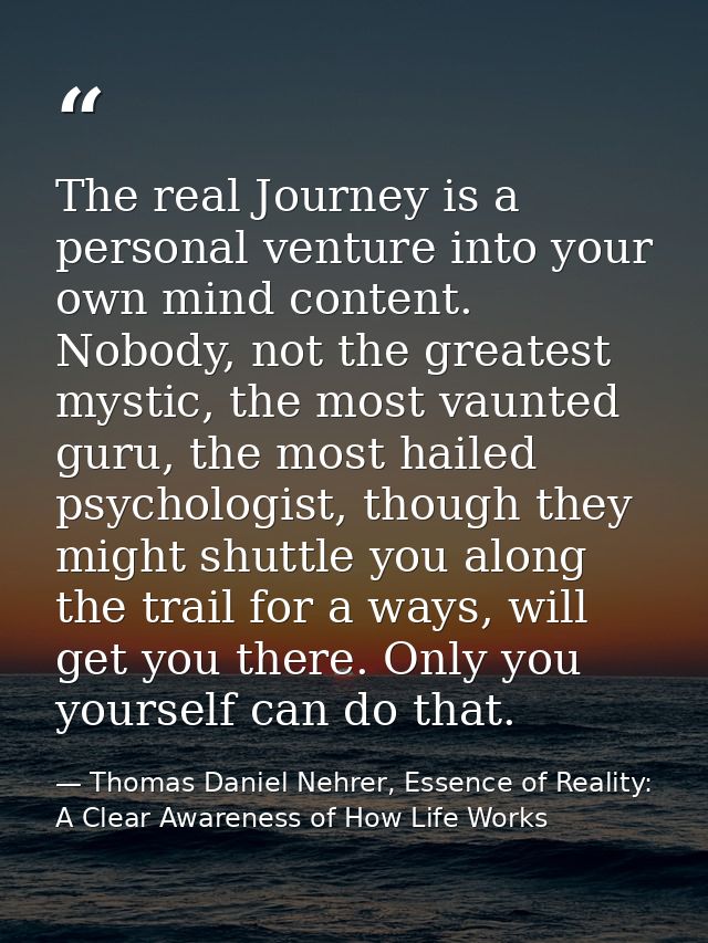 The real Journey is a personal venture into your own mind content. Nobody, not the greatest mystic, the most vaunted gur — Thomas Daniel Nehrer, Essence of Reality: A Clear Awareness of How Life Works