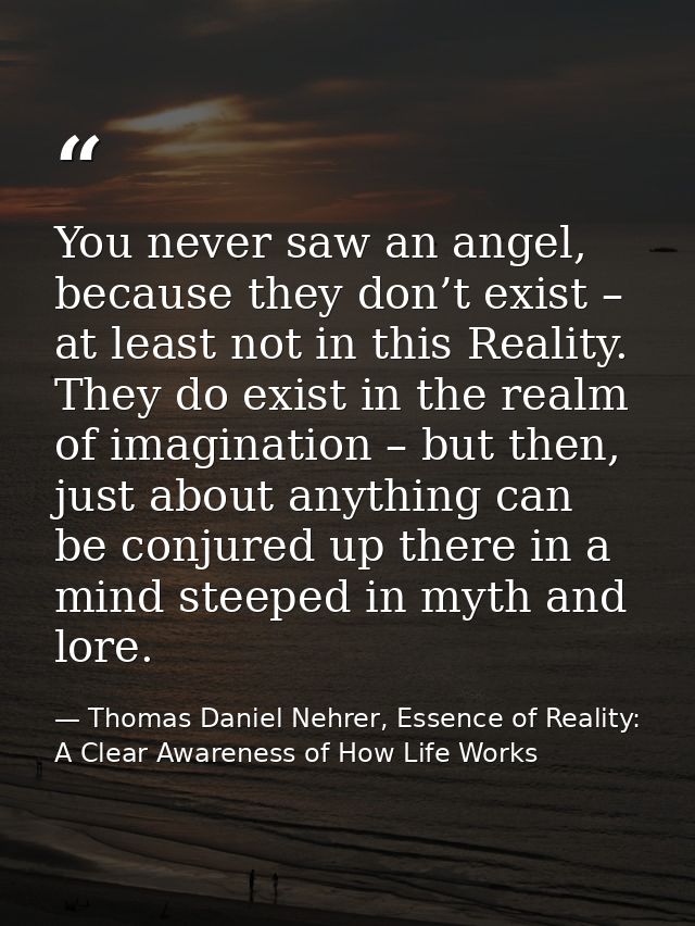 You never saw an angel, because they don’t exist – at least not in this Reality. They do exist in the realm of imaginati — Thomas Daniel Nehrer, Essence of Reality: A Clear Awareness of How Life Works