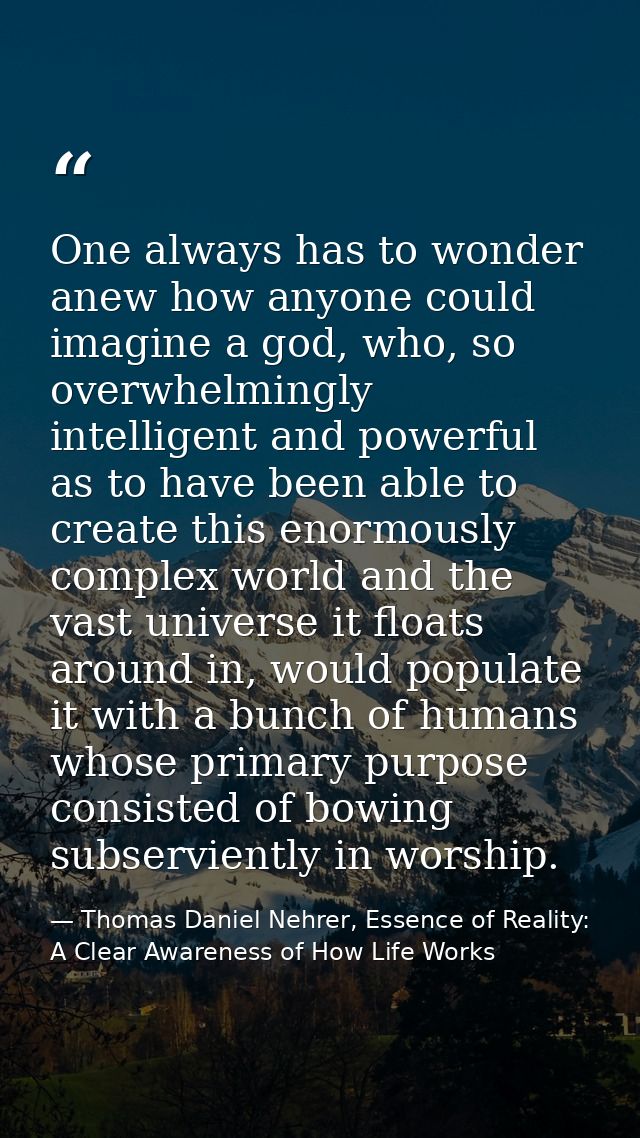 One always has to wonder anew how anyone could imagine a god, who, so overwhelmingly intelligent and powerful as to have — Thomas Daniel Nehrer, Essence of Reality: A Clear Awareness of How Life Works