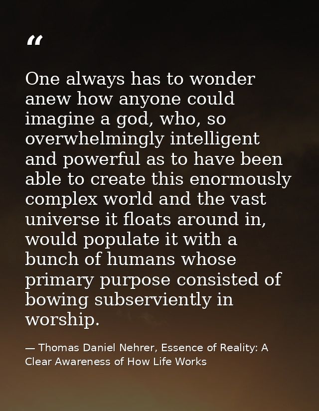 One always has to wonder anew how anyone could imagine a god, who, so overwhelmingly intelligent and powerful as to have — Thomas Daniel Nehrer, Essence of Reality: A Clear Awareness of How Life Works