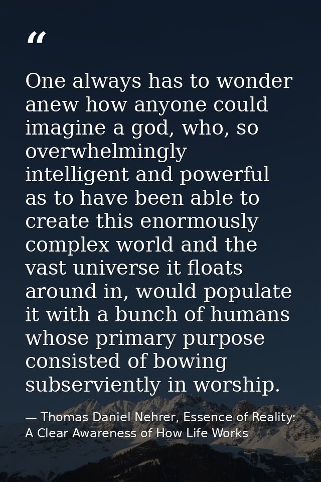 One always has to wonder anew how anyone could imagine a god, who, so overwhelmingly intelligent and powerful as to have — Thomas Daniel Nehrer, Essence of Reality: A Clear Awareness of How Life Works