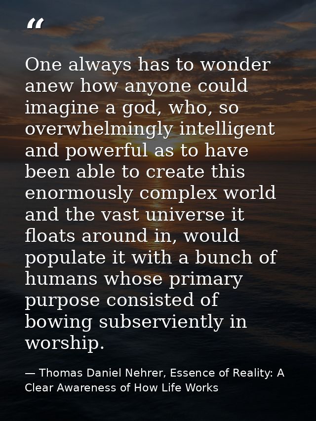One always has to wonder anew how anyone could imagine a god, who, so overwhelmingly intelligent and powerful as to have — Thomas Daniel Nehrer, Essence of Reality: A Clear Awareness of How Life Works