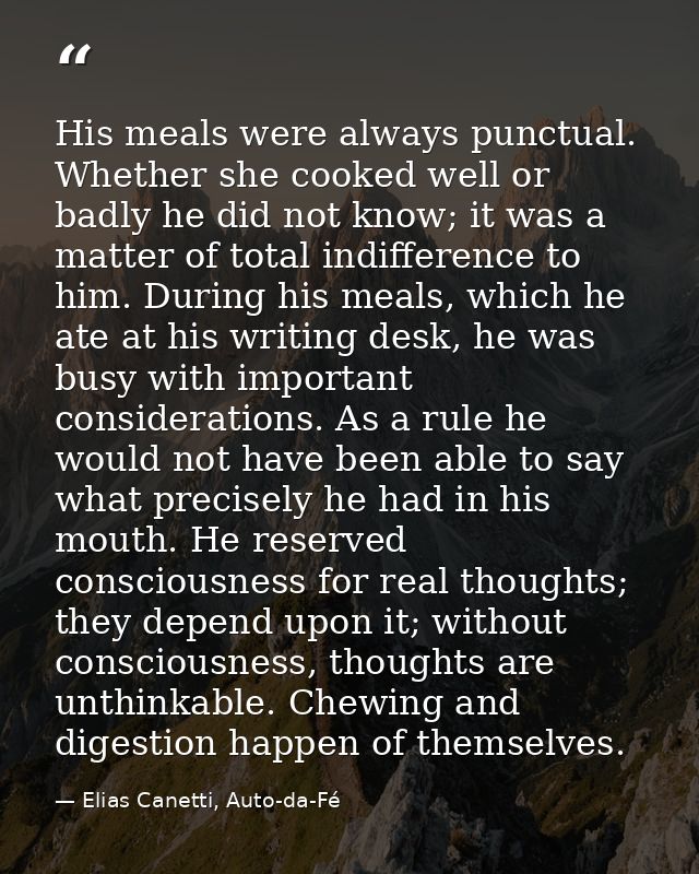 His meals were always punctual. Whether she cooked well or badly he did not know; it was a matter of total indifference  — Elias Canetti, Auto-da-Fé