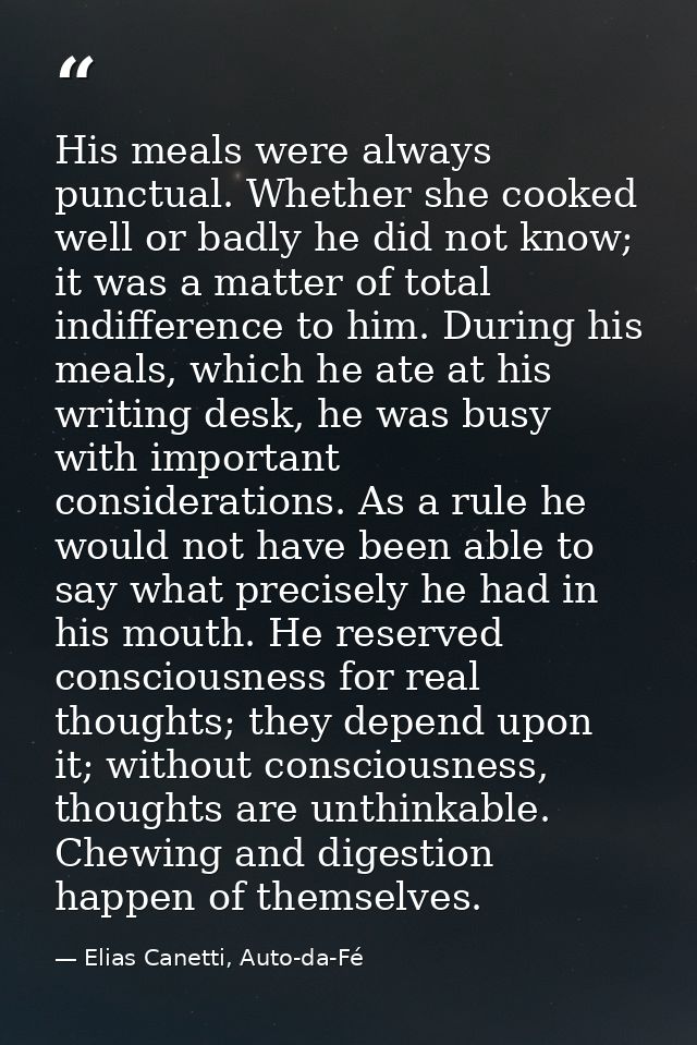 His meals were always punctual. Whether she cooked well or badly he did not know; it was a matter of total indifference  — Elias Canetti, Auto-da-Fé