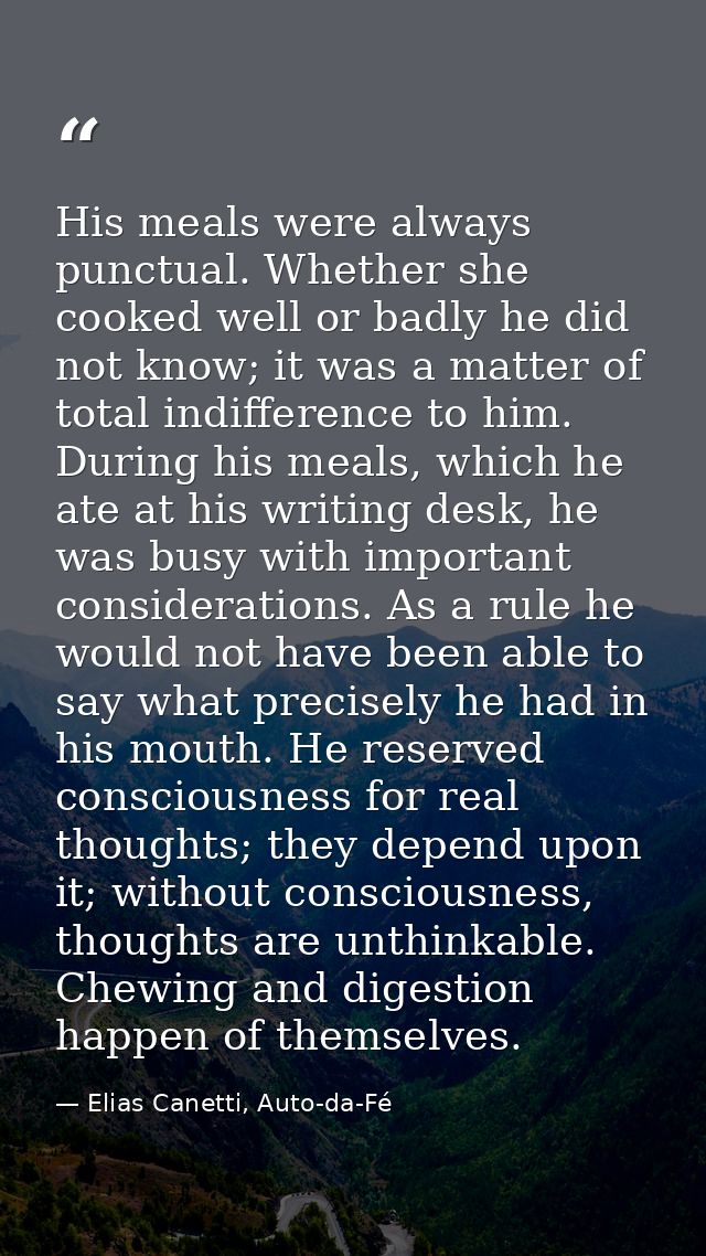 His meals were always punctual. Whether she cooked well or badly he did not know; it was a matter of total indifference  — Elias Canetti, Auto-da-Fé