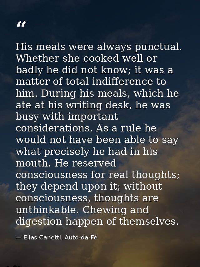 His meals were always punctual. Whether she cooked well or badly he did not know; it was a matter of total indifference  — Elias Canetti, Auto-da-Fé