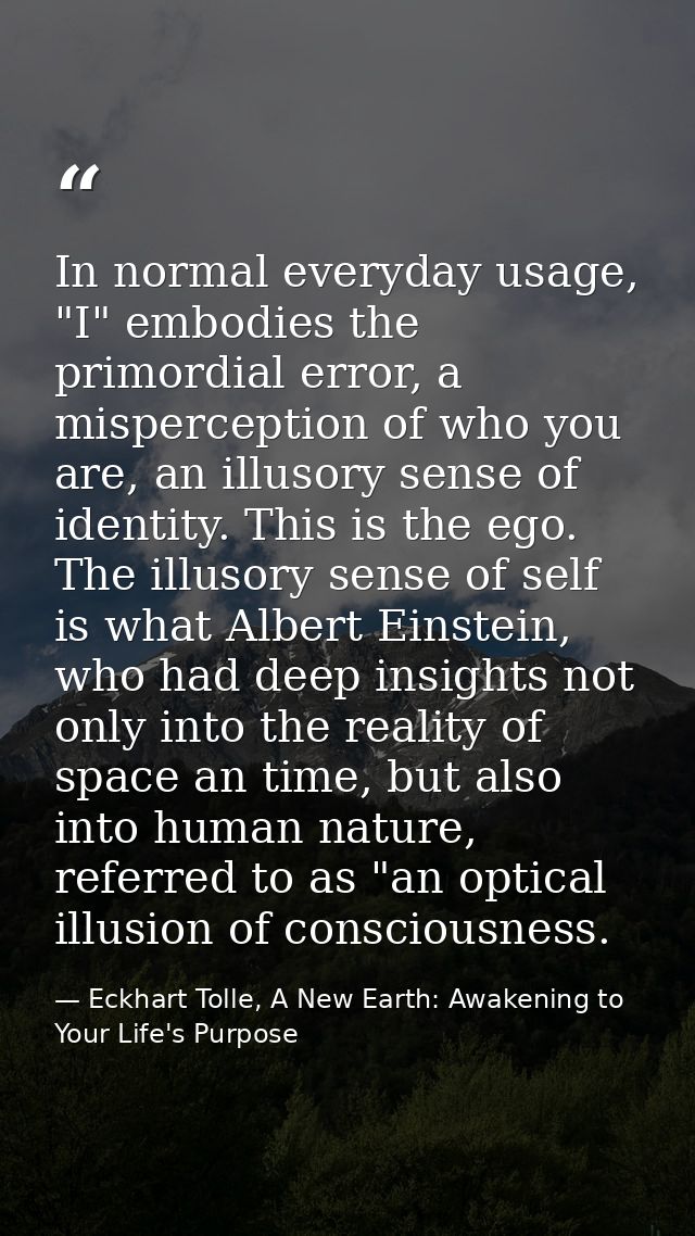 In normal everyday usage, "I" embodies the primordial error, a misperception of who you are, an illusory sense of identi — Eckhart Tolle, A New Earth: Awakening to Your Life's Purpose
