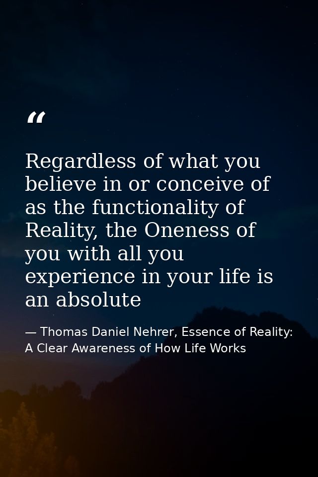 Regardless of what you believe in or conceive of as the functionality of Reality, the Oneness of you with all you experi — Thomas Daniel Nehrer, Essence of Reality: A Clear Awareness of How Life Works