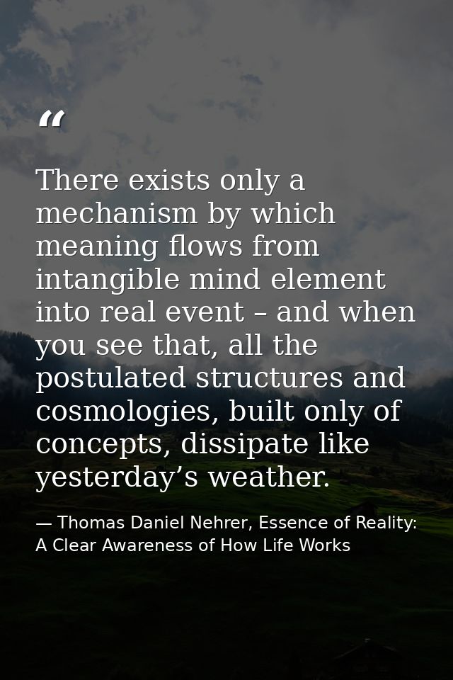 There exists only a mechanism by which meaning flows from intangible mind element into real event – and when you see tha — Thomas Daniel Nehrer, Essence of Reality: A Clear Awareness of How Life Works