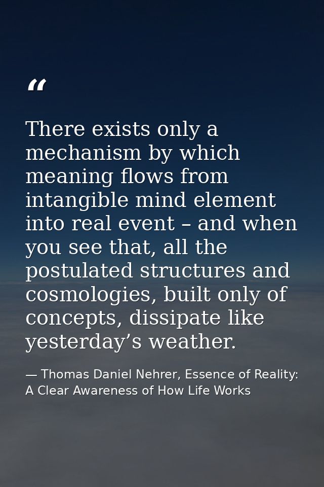 There exists only a mechanism by which meaning flows from intangible mind element into real event – and when you see tha — Thomas Daniel Nehrer, Essence of Reality: A Clear Awareness of How Life Works