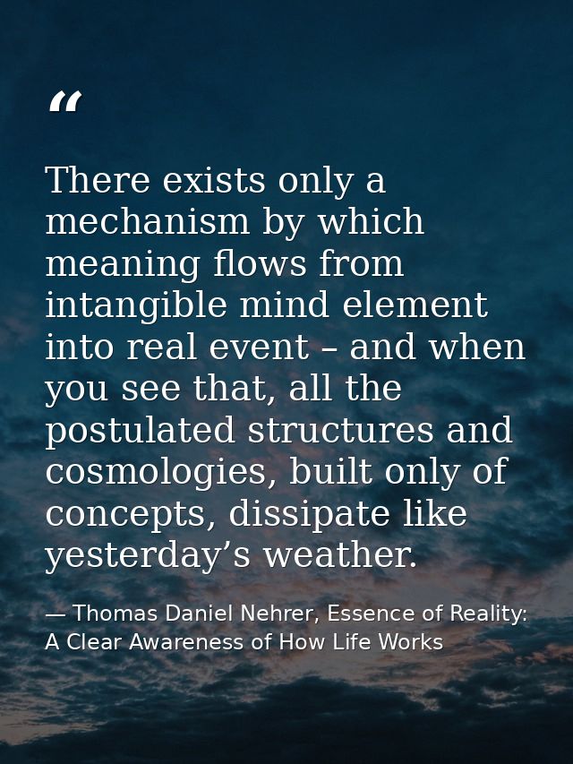 There exists only a mechanism by which meaning flows from intangible mind element into real event – and when you see tha — Thomas Daniel Nehrer, Essence of Reality: A Clear Awareness of How Life Works