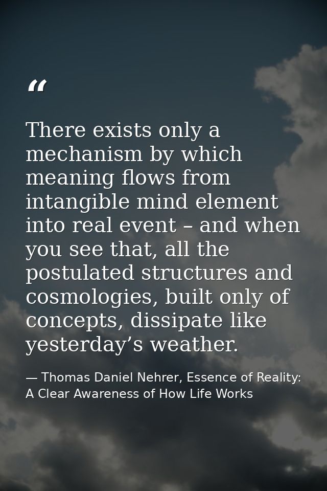 There exists only a mechanism by which meaning flows from intangible mind element into real event – and when you see tha — Thomas Daniel Nehrer, Essence of Reality: A Clear Awareness of How Life Works