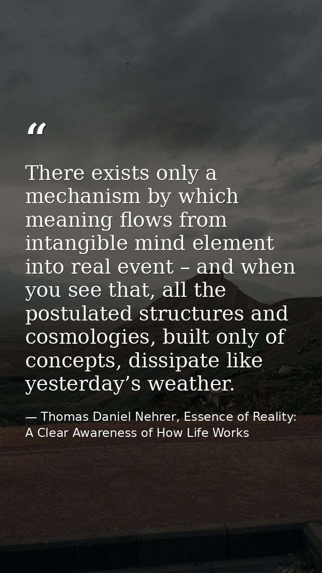 There exists only a mechanism by which meaning flows from intangible mind element into real event – and when you see tha — Thomas Daniel Nehrer, Essence of Reality: A Clear Awareness of How Life Works