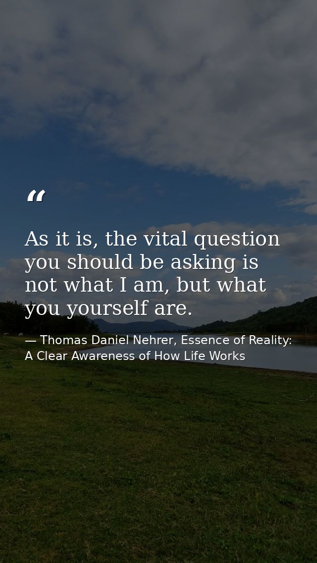 As it is, the vital question you should be asking is not what I am, but what you yourself are. — Thomas Daniel Nehrer, Essence of Reality: A Clear Awareness of How Life Works
