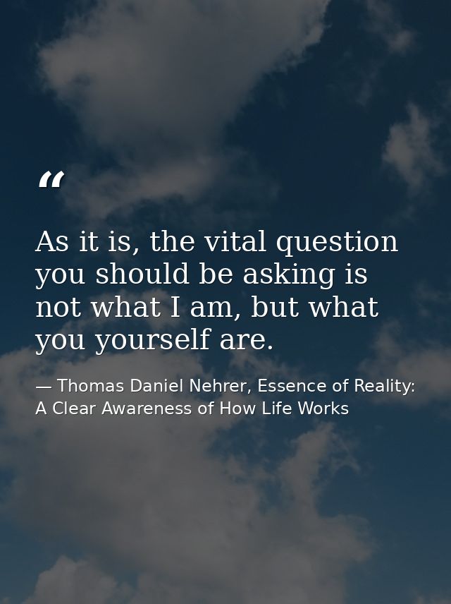As it is, the vital question you should be asking is not what I am, but what you yourself are. — Thomas Daniel Nehrer, Essence of Reality: A Clear Awareness of How Life Works