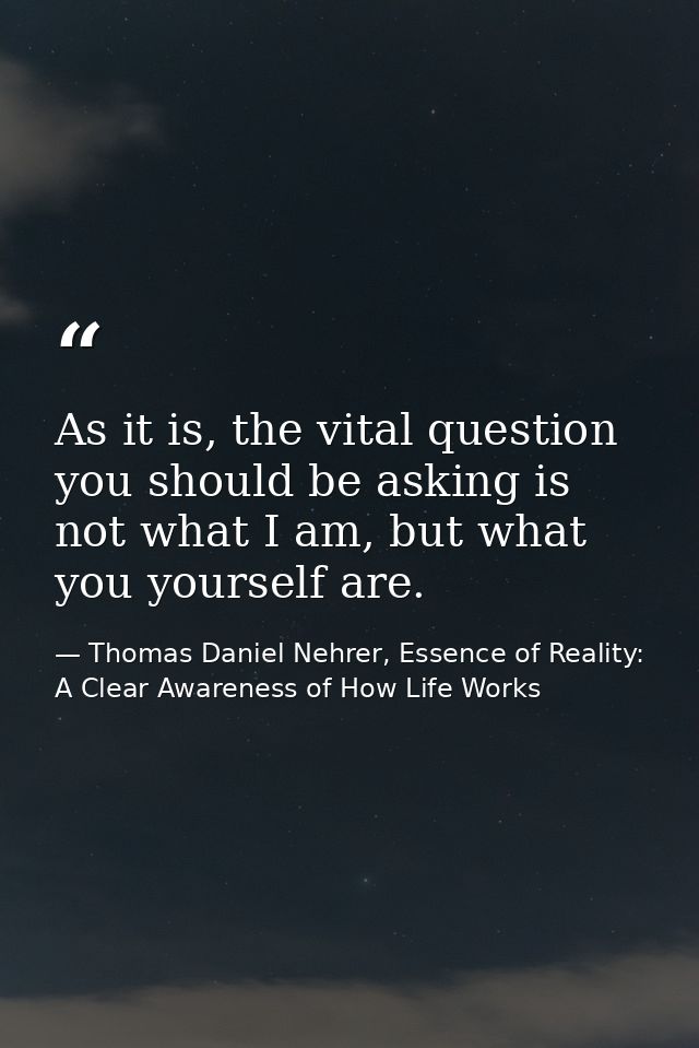 As it is, the vital question you should be asking is not what I am, but what you yourself are. — Thomas Daniel Nehrer, Essence of Reality: A Clear Awareness of How Life Works