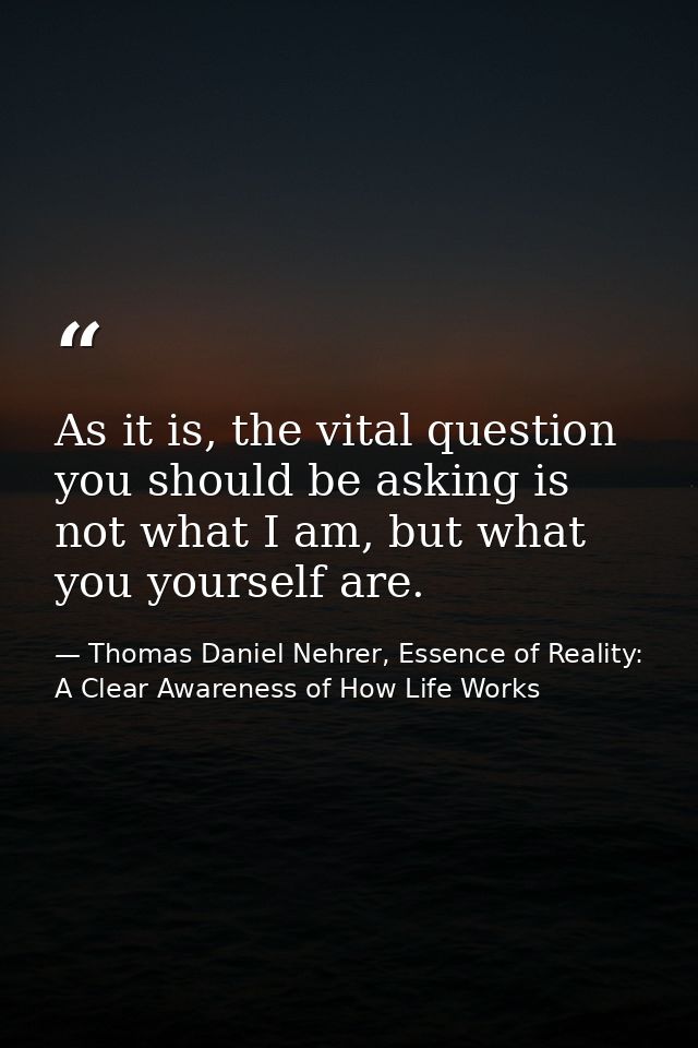 As it is, the vital question you should be asking is not what I am, but what you yourself are. — Thomas Daniel Nehrer, Essence of Reality: A Clear Awareness of How Life Works