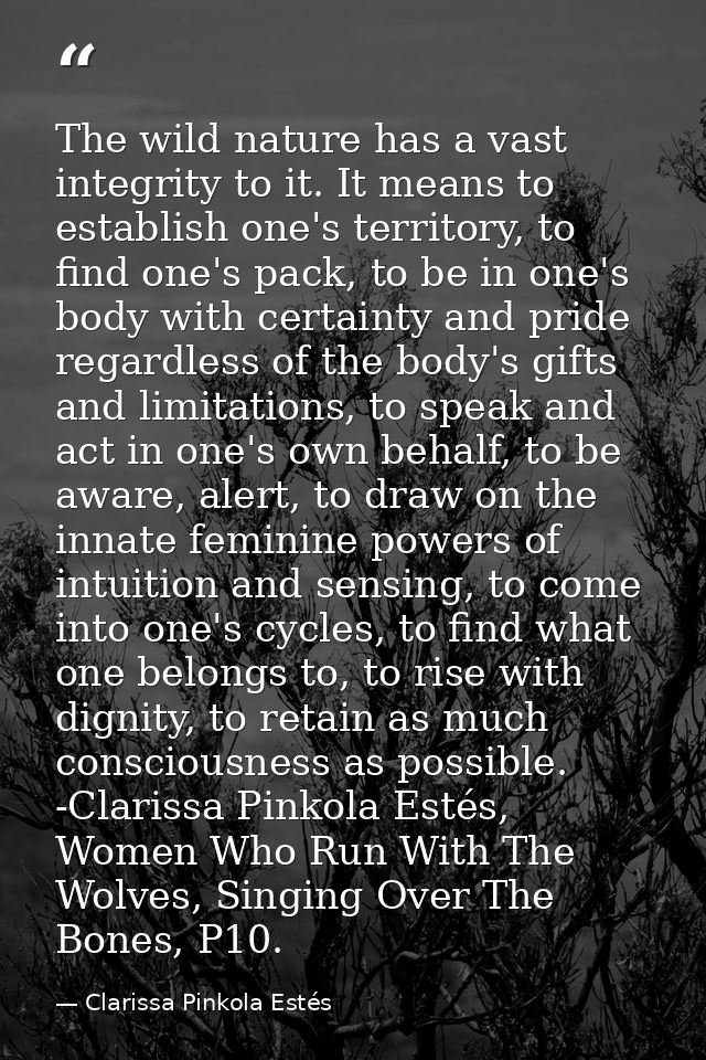 The wild nature has a vast integrity to it. It means to establish one's territory, to find one's pack, to be in one's bo — Clarissa Pinkola Estés