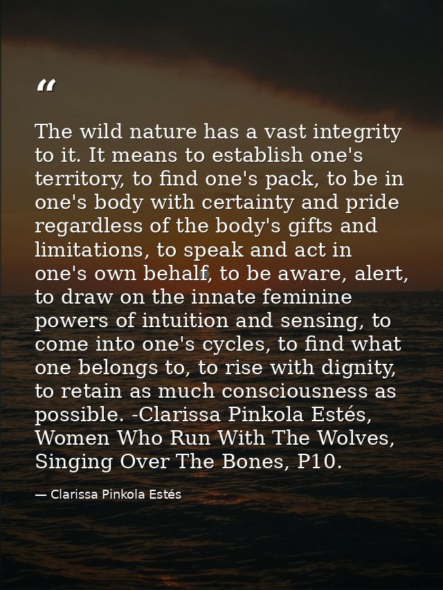 The wild nature has a vast integrity to it. It means to establish one's territory, to find one's pack, to be in one's bo — Clarissa Pinkola Estés