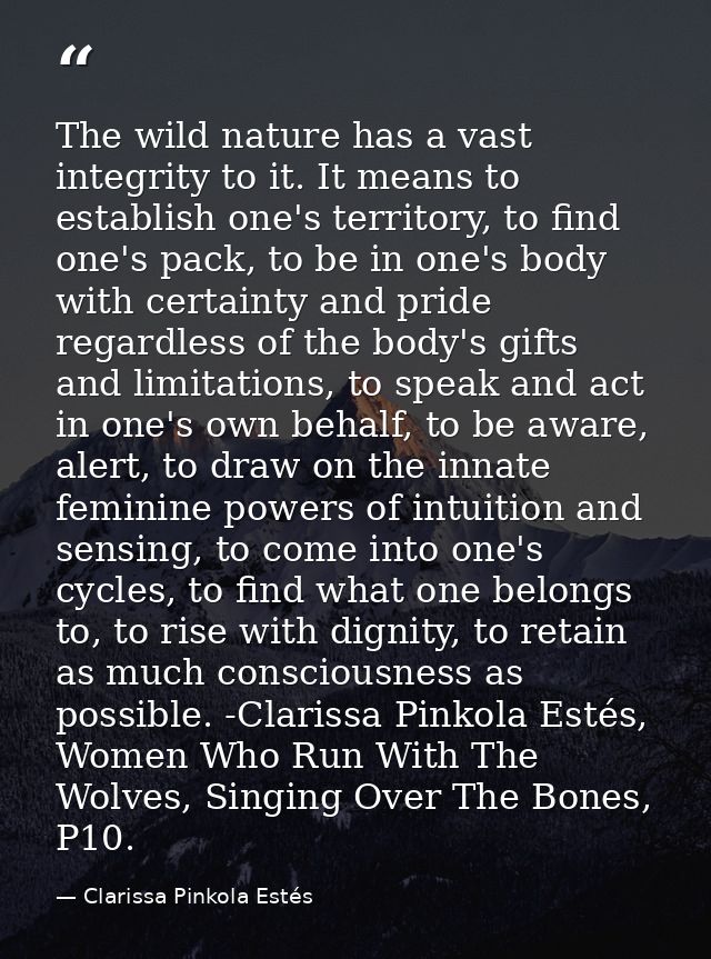 The wild nature has a vast integrity to it. It means to establish one's territory, to find one's pack, to be in one's bo — Clarissa Pinkola Estés