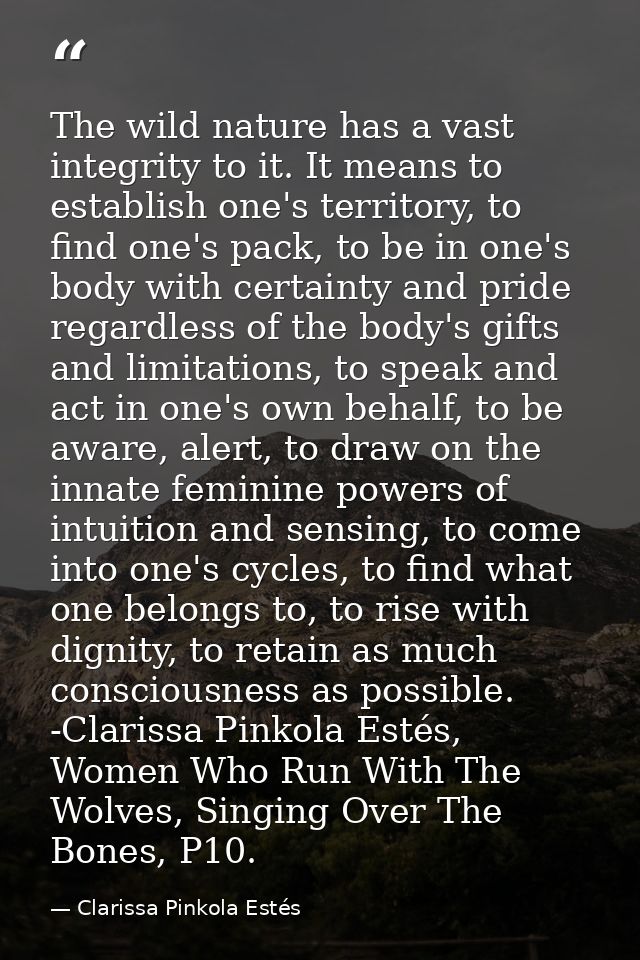 The wild nature has a vast integrity to it. It means to establish one's territory, to find one's pack, to be in one's bo — Clarissa Pinkola Estés
