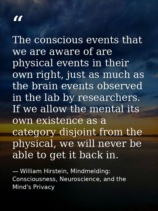 The conscious events that we are aware of are physical events in their own right, just as much as the brain events obser — William Hirstein, Mindmelding: Consciousness, Neuroscience, and the Mind's Privacy