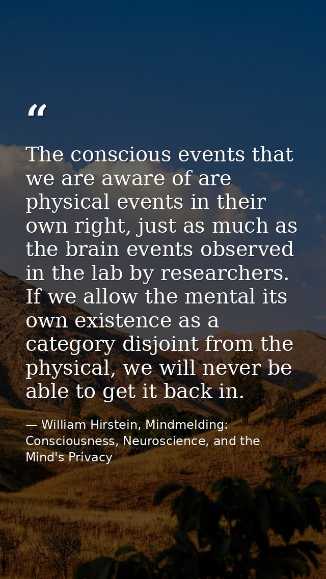 The conscious events that we are aware of are physical events in their own right, just as much as the brain events obser — William Hirstein, Mindmelding: Consciousness, Neuroscience, and the Mind's Privacy