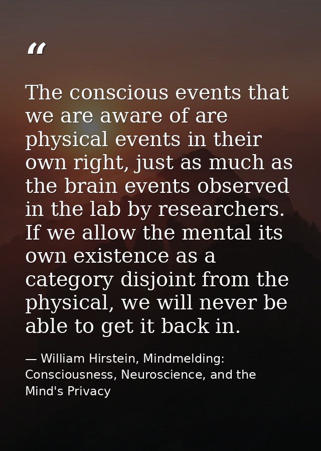 The conscious events that we are aware of are physical events in their own right, just as much as the brain events obser — William Hirstein, Mindmelding: Consciousness, Neuroscience, and the Mind's Privacy