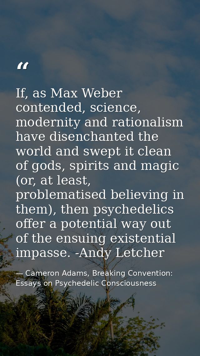 If, as Max Weber contended, science, modernity and rationalism have disenchanted the world and swept it clean of gods, s — Cameron Adams, Breaking Convention: Essays on Psychedelic Consciousness