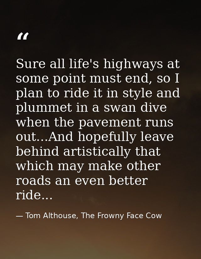 Sure all life's highways at some point must end, so I plan to ride it in style and plummet in a swan dive when the pavem — Tom Althouse, The Frowny Face Cow