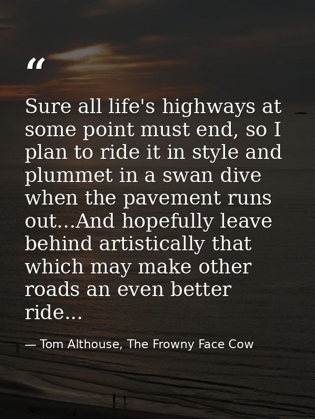 Sure all life's highways at some point must end, so I plan to ride it in style and plummet in a swan dive when the pavem — Tom Althouse, The Frowny Face Cow