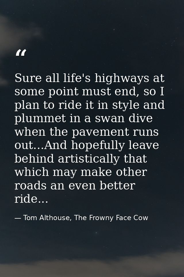 Sure all life's highways at some point must end, so I plan to ride it in style and plummet in a swan dive when the pavem — Tom Althouse, The Frowny Face Cow