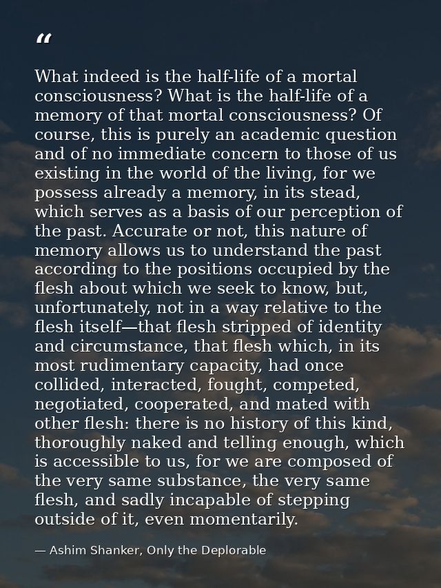 What indeed is the half-life of a mortal consciousness? What is the half-life of a memory of that mortal consciousness?  — Ashim Shanker, Only the Deplorable