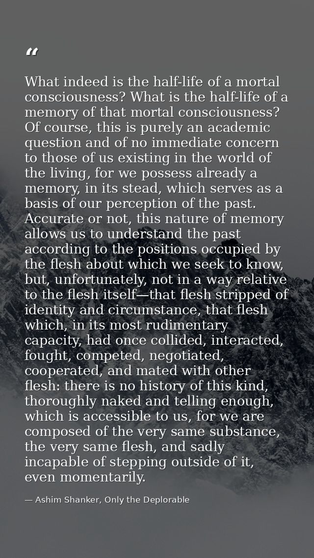 What indeed is the half-life of a mortal consciousness? What is the half-life of a memory of that mortal consciousness?  — Ashim Shanker, Only the Deplorable