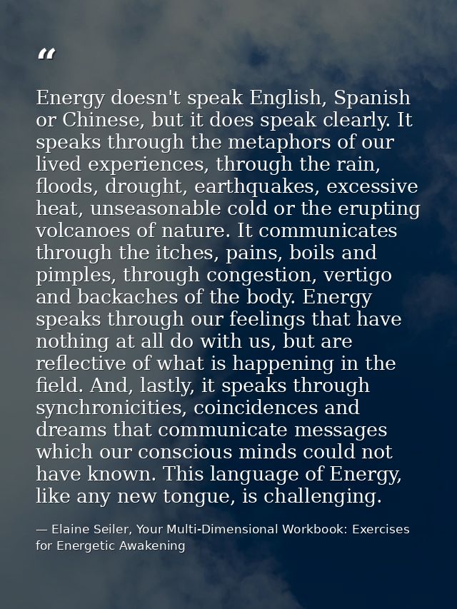 Energy doesn't speak English, Spanish or Chinese, but it does speak clearly. It speaks through the metaphors of our live — Elaine Seiler, Your Multi-Dimensional Workbook: Exercises for Energetic Awakening